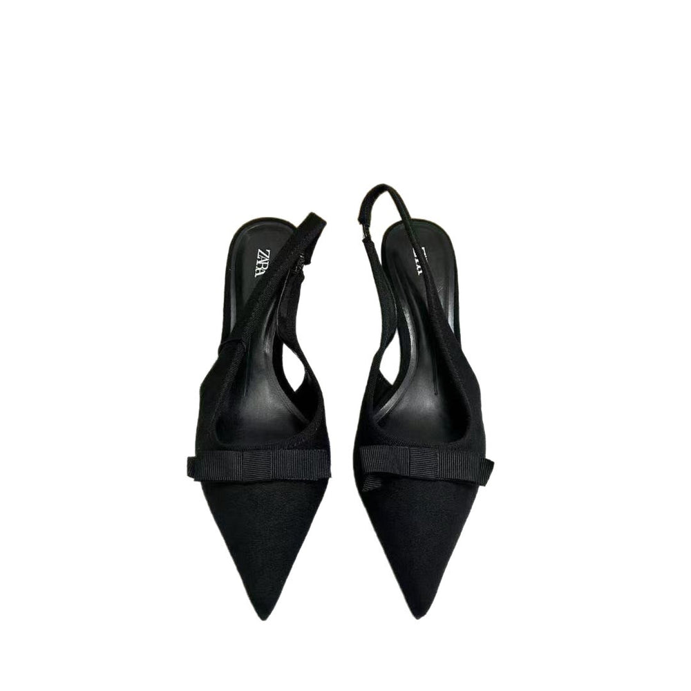 Za2025autum new product black fabric bows open heel high heel mules pointed toe flats back strap flats