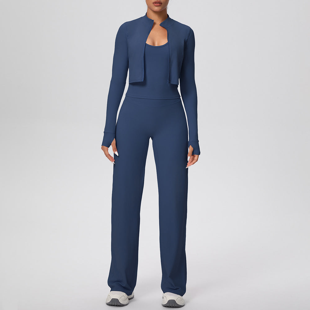 Strappy tank top casual zip-up jacket yoga outfit high-waisted butt-lifting quick-dry fitness set running sports three-piece set