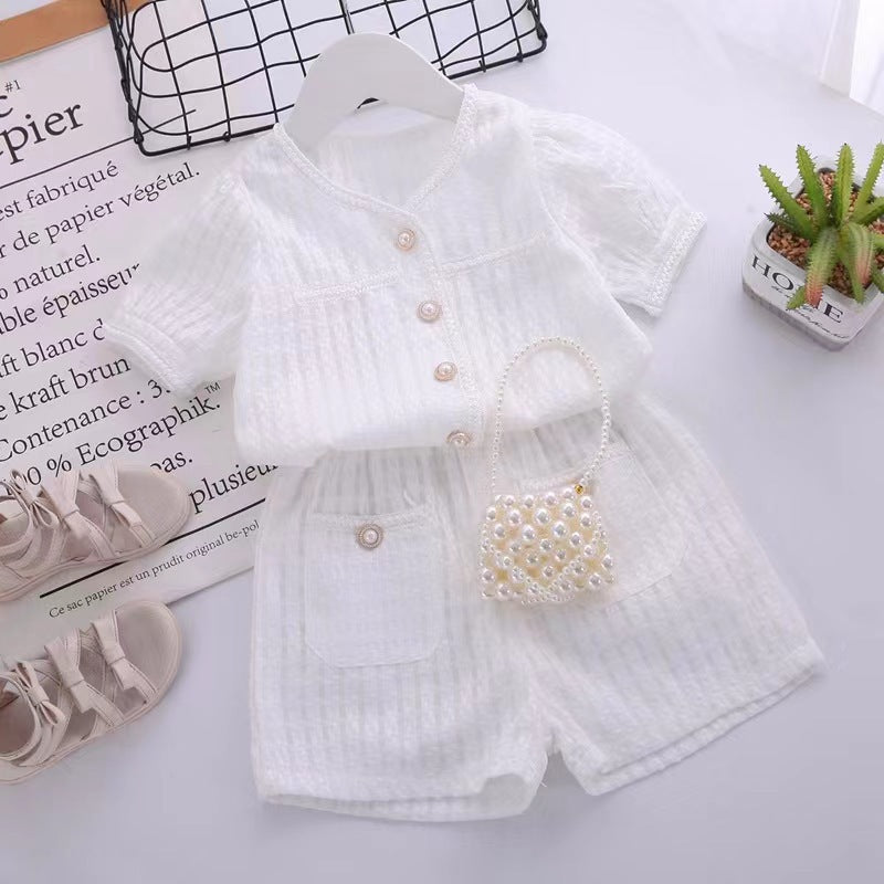 Girls' summer new arrival: casual chic chanel-inspired outfit - short sleeve top & shorts set