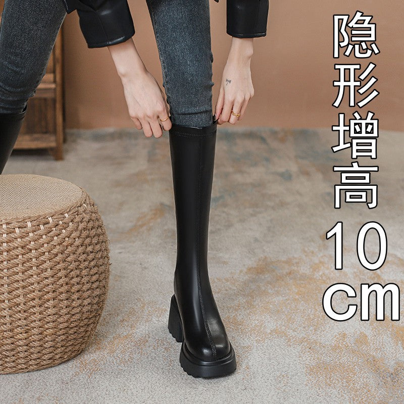 Ultra high heel black long boots women's 2025 autumn not skinny small thick sole hidden heel long boots knight boots