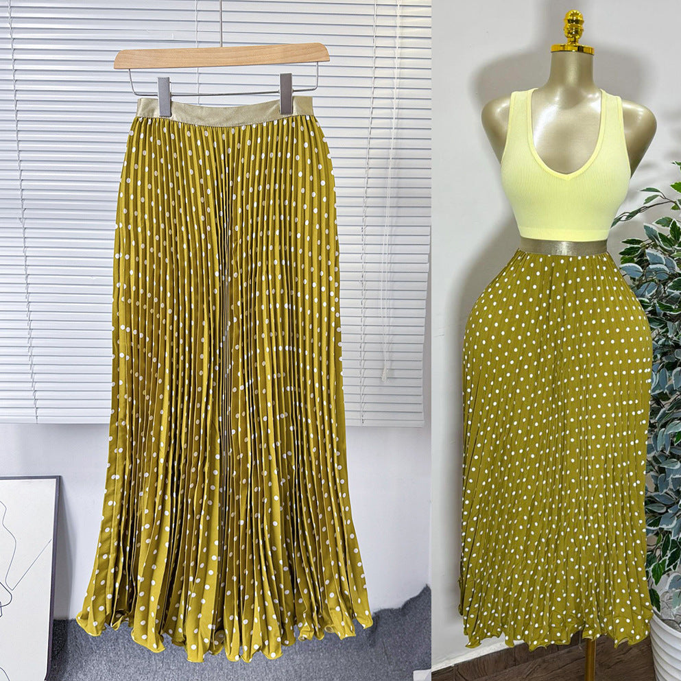 Classic fashion pleated polka dot midi skirt - french sweet style, versatile high-waisted a-line skirt