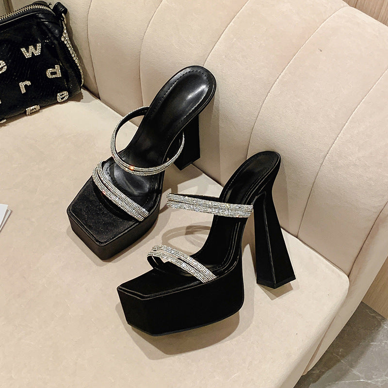 2025 fashionexportnew arrival women's shoes waterproof platform thick high heels square toe rhinestone one-piece rhinestone sandals