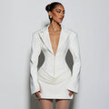 cross-border fashion: european & american style women's autumn/winter new collection - elegant solid color deep v-neck lapel pleated waist blazer dress