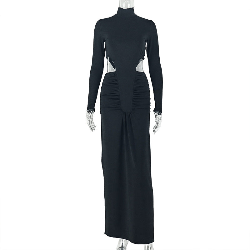 Fashion styleexport women's clothingwork clothingsilmpure color pleated hip skirt mature high collar long sleeves designdresschaotrendy