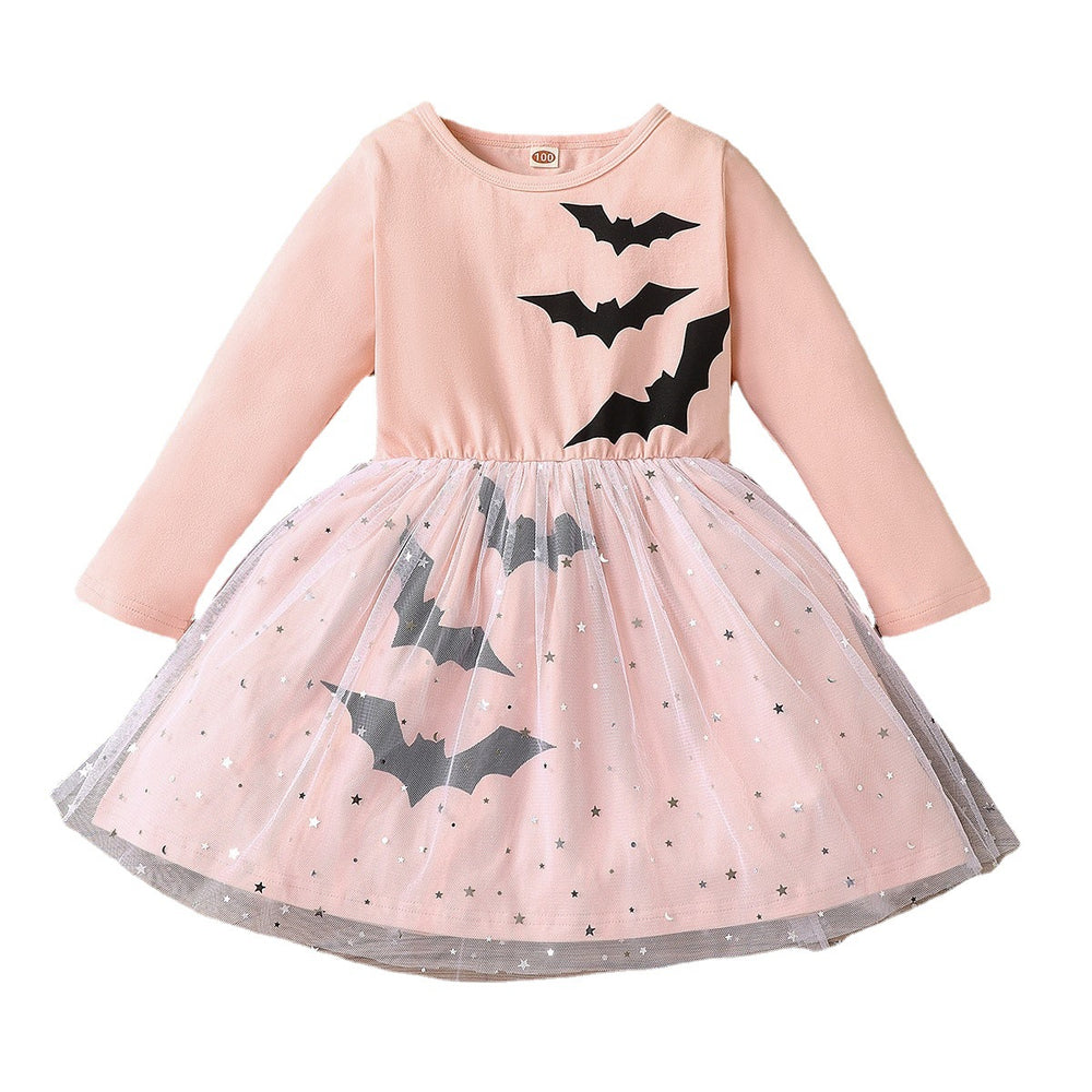 European and american style children's autumn new halloween girls' cute holiday long-sleeved bat mesh dress - trendy