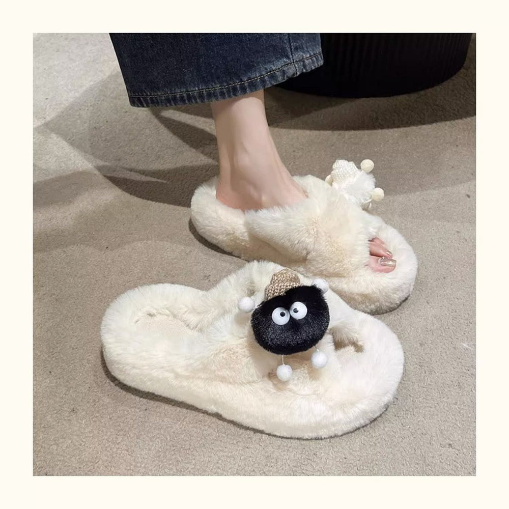 Women's fuzzy slippers - 2024 new fashion, versatile, cute, trendy, thick-soled, non-slip, home cotton slippers, thong sandals