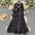 Frenchclassyelegancedress women's fashion heavy industry embroidered beads and diamonds v neck waist elegant palace style long skirt