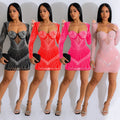C6706 cross-border   fashion women's solid color mesh rhinestone long sleeve mini dress