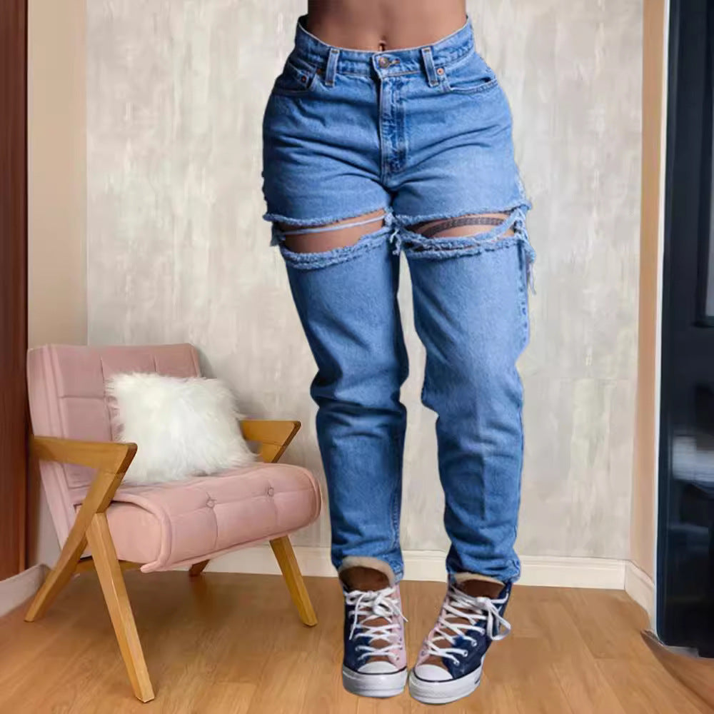 Amazon  jeans women's new arrival hot selling loose high waist wide leg pants ripped jeans casual pants