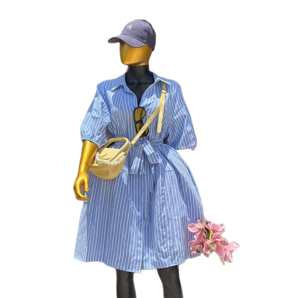 European and american cross-border women's fashion:  summer new arrival - elegant and stylish striped blue shirt dress with lapel and tie