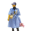 European and american cross-border women's fashion:  summer new arrival - elegant and stylish striped blue shirt dress with lapel and tie