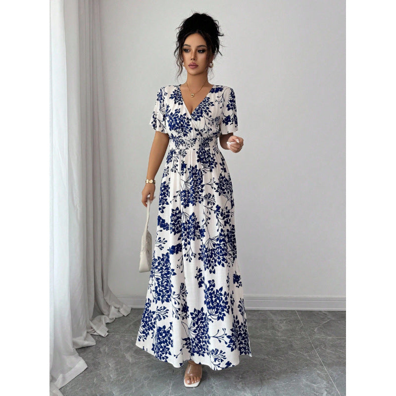 cross-border european and american floral print dress - butterfly sleeve, slit thigh maxi dress