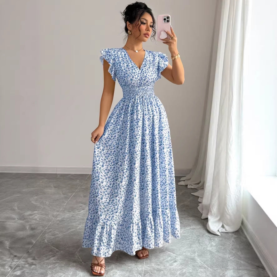 summer new arrival: blue printed fashionable women's dress for cross-border e-commerce