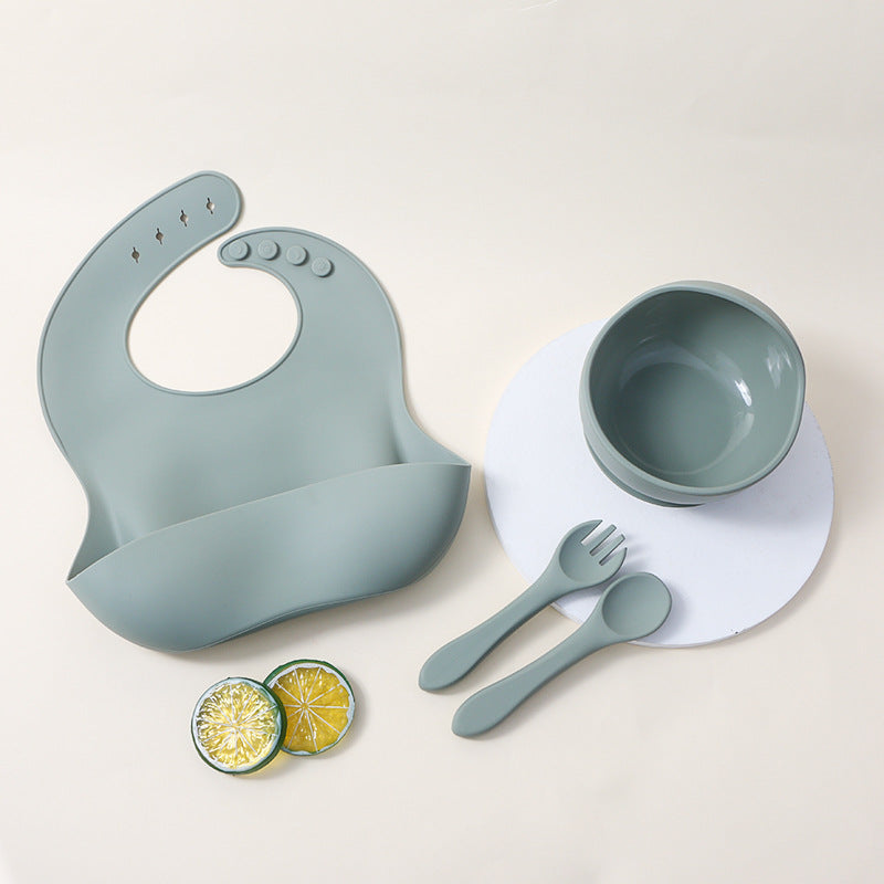 hot-selling silicone tableware suit baby kids bib suction cup bowl fork spoon suit saliva pocket dinner plate suit