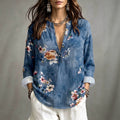 Women's bohemian style vacation shirt - blue floral print, flowy, loose fit, long sleeve pullover blouse - wholesale supply