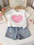 new product girl european and american style heart t-shirt + washed jeans suit