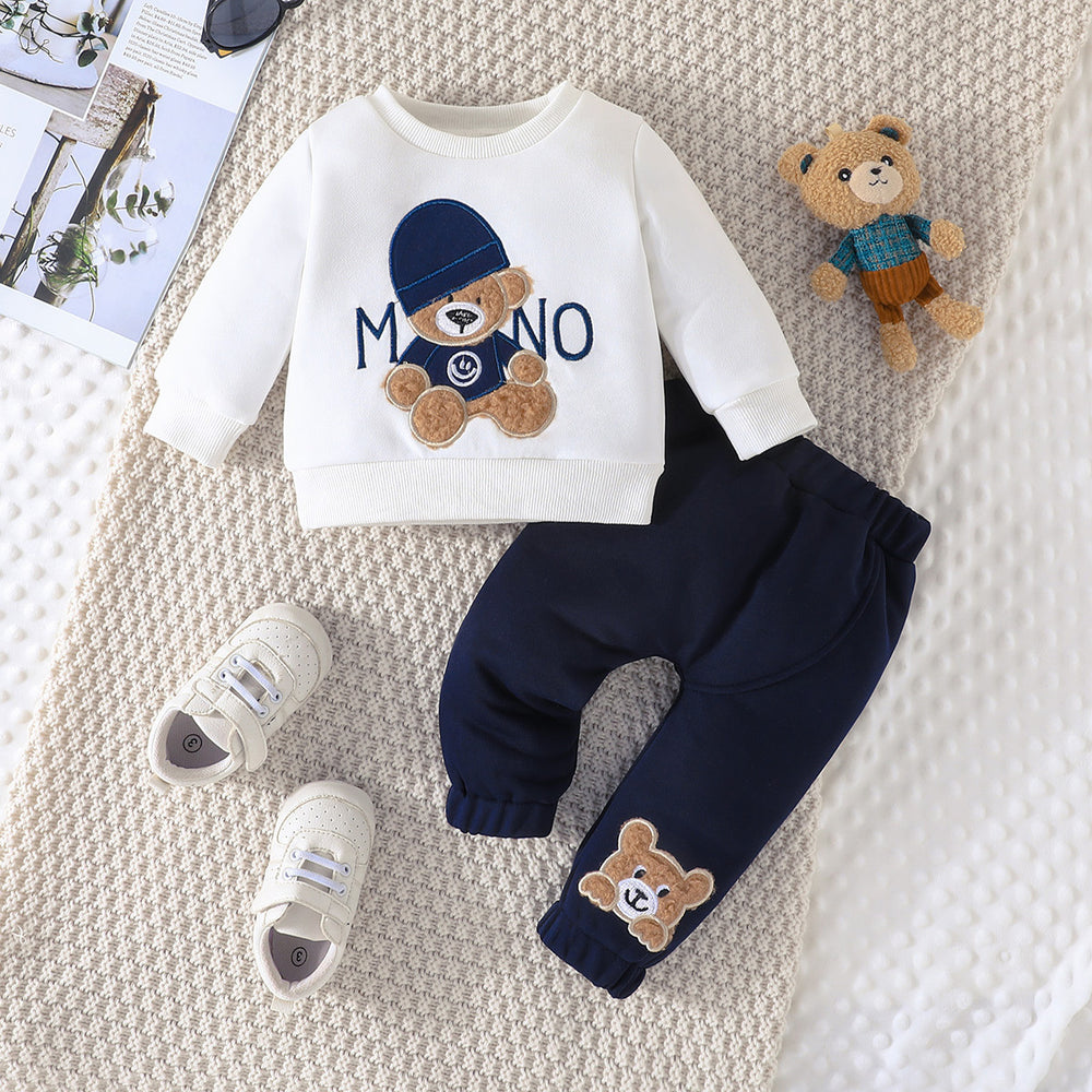 cross-border e-commerce children's wear: new autumn/winter cartoon letter hat bear embroidered hoodie and pants two-piece set