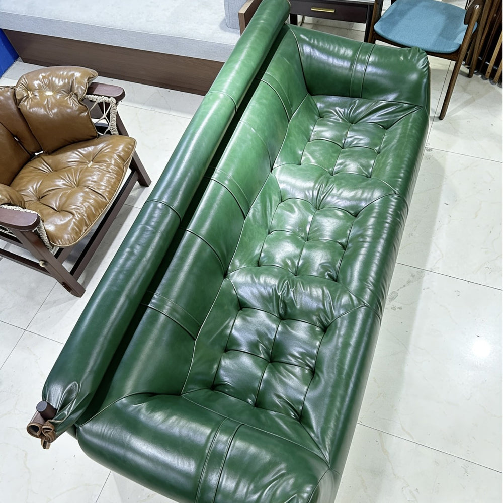 Solid wood sofa fabric designer creative straight row high back retro ash wood three-person new arrival oil wax leather
