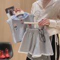 Girls' outfit set: cartoon appliqué bunny officer, 3d bow, plaid lace collar – stylish, high-quality, ready-to-wear