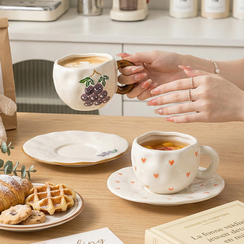 Ins small clear hand-painted ceramic asymmetrical cup and saucer stylishniche style girls ceramic afternoon tea milk coffee cup