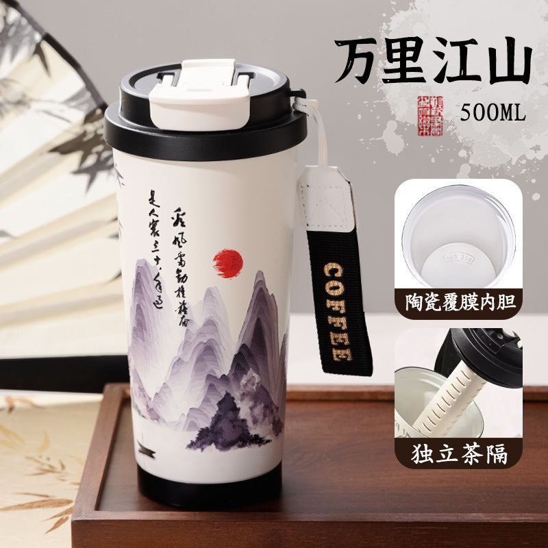 Ink style national trend portable thermos cup chinese style double drinking lid coffee cup 316 stainless steel ceramic liner water cup