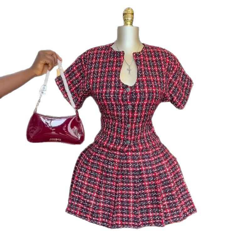 European and american cross-border women's fashion:  summer new collection - stylish and unique plaid short-sleeve top and pleated midi skirt set