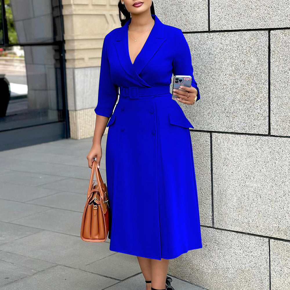 D3294export women's fashion elegant double-breasted suit collar pure colordress medium long cross-border dress