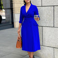 D3294export women's fashion elegant double-breasted suit collar pure colordress medium long cross-border dress