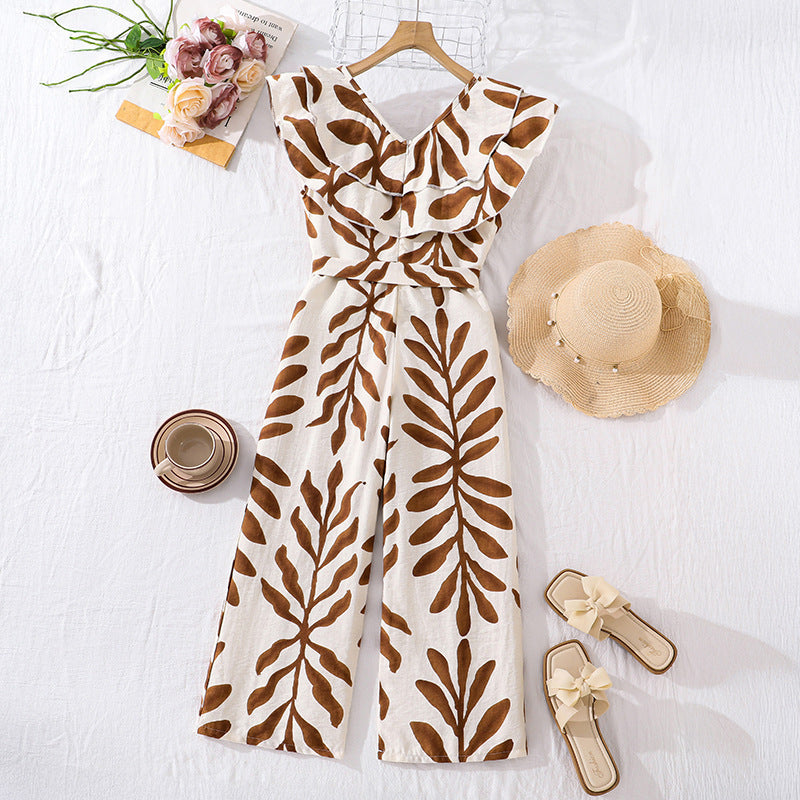 Hot-selling european and american girls' clothing:  spring/summer new arrivals - cross-border elegant v-neck casual tropical leaf print jumpsuit