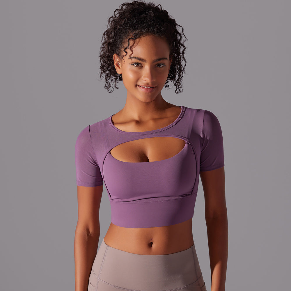Classic solid color mesh panel sexy double-layer short sleeve cami bra top - running, fitness, and yoga activewear for women