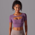 Classic solid color mesh panel sexy double-layer short sleeve cami bra top - running, fitness, and yoga activewear for women