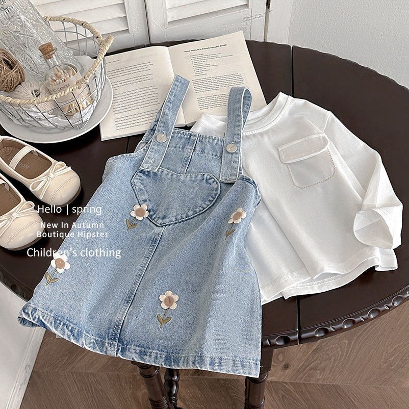Girls' denim overalls dress - spring  new collection: sweet & cute floral embroidered tank dress for baby girls - trendy style
