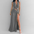 cross-border e-commerce women's fashion: european and american summer new arrivals - sexy solid color cutout knot slit v-neck dress