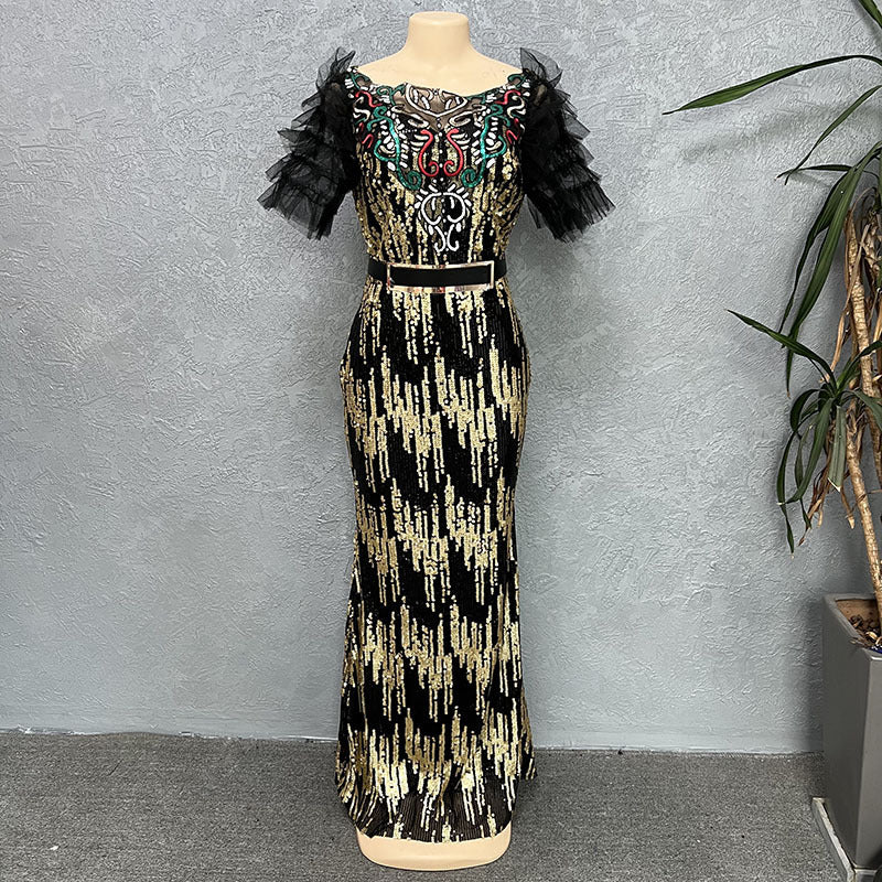 supply elastic sequin short-sleeved mermaid dress long skirt evening dress fashion african fashion women's clothing special price