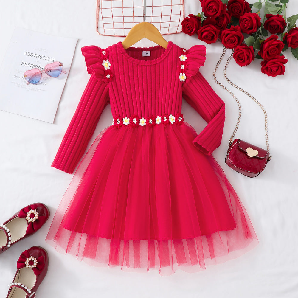 Girls' ribbed knit dress with mesh floral appliqué