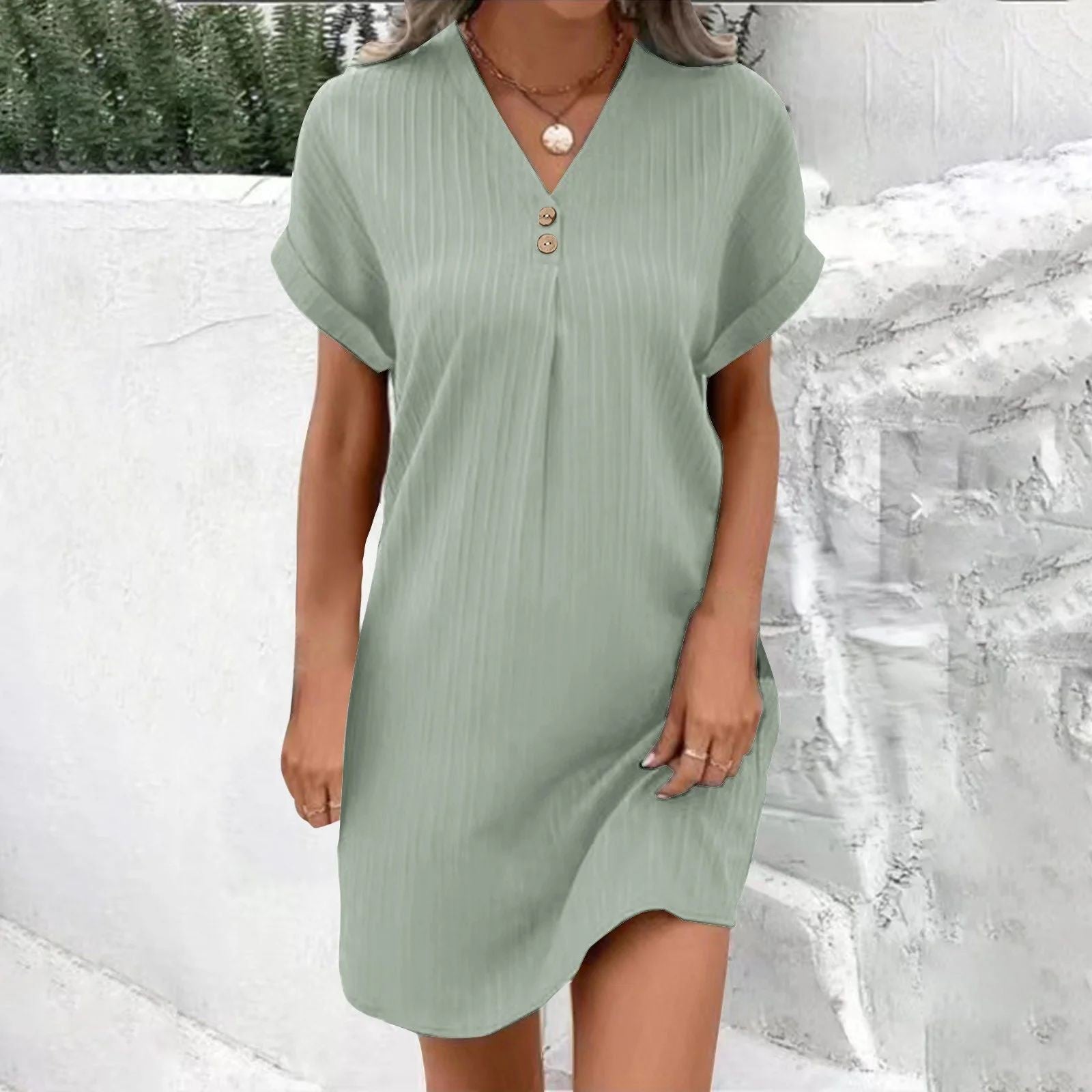 Cross-border European and American women's clothing 2025 new  V-neck solid color pullover comfortable and casual button dress