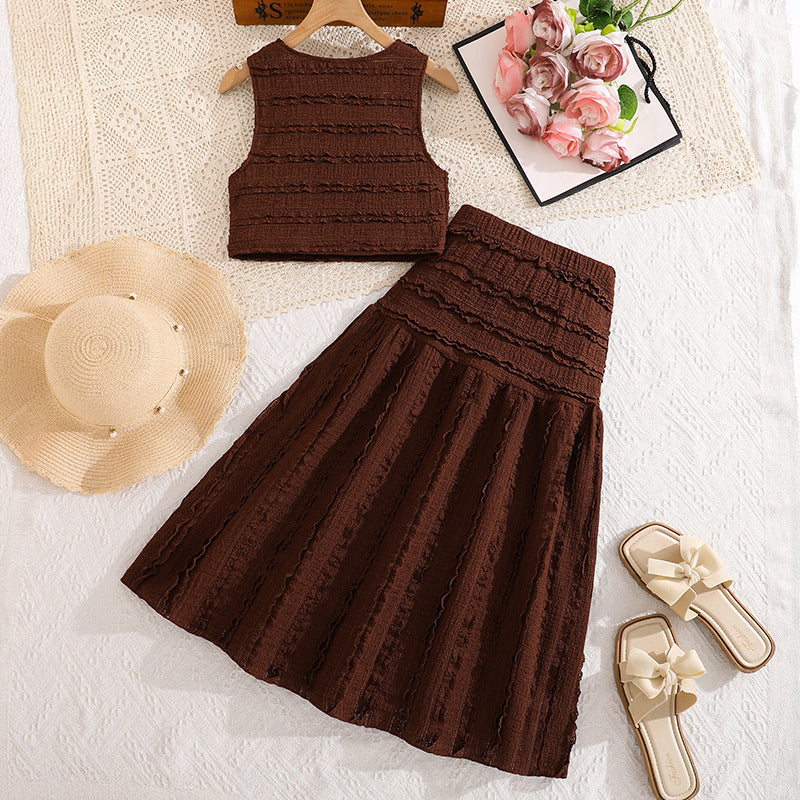 spring/summer girls' outfit: fresh & chic sleeveless top with ruched midi skirt set