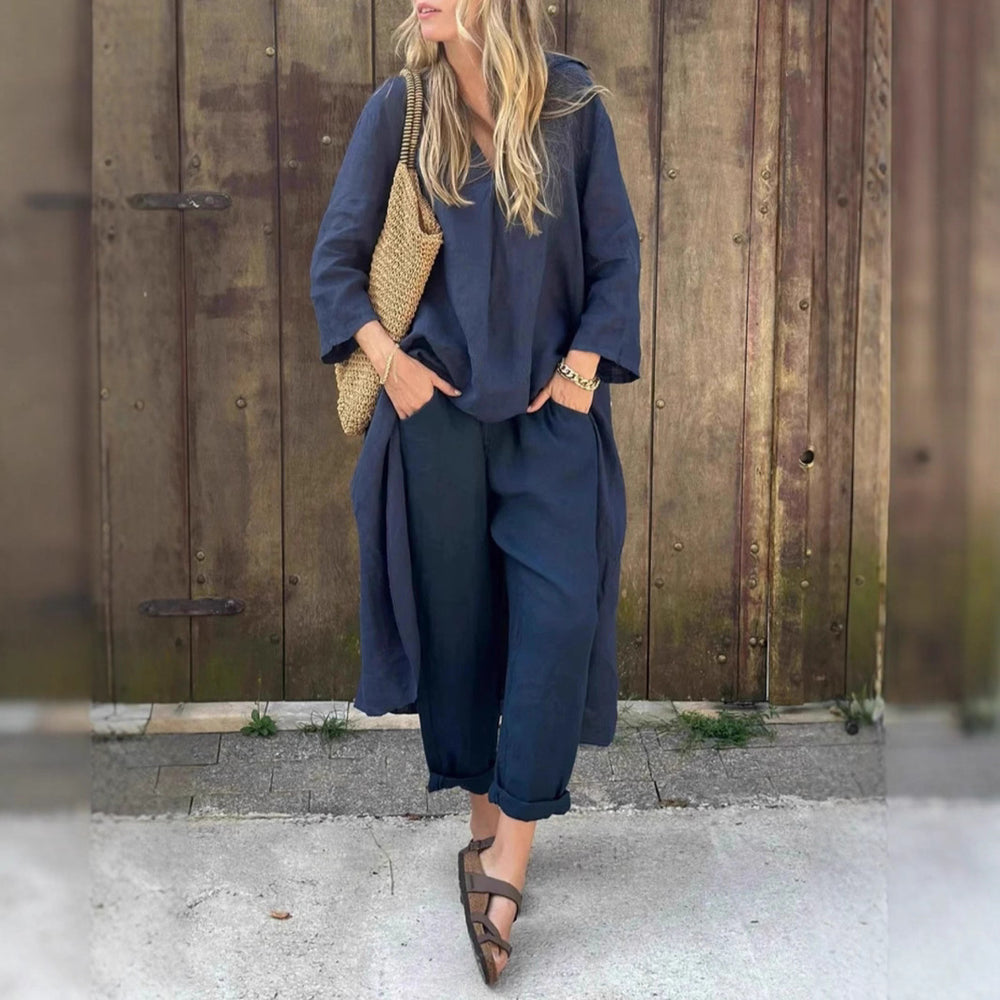 2025 amazon independent station fashionbest selling women's summerflap pocket pantsv neck 2-piece setpure colorloose cross-border women's clothing