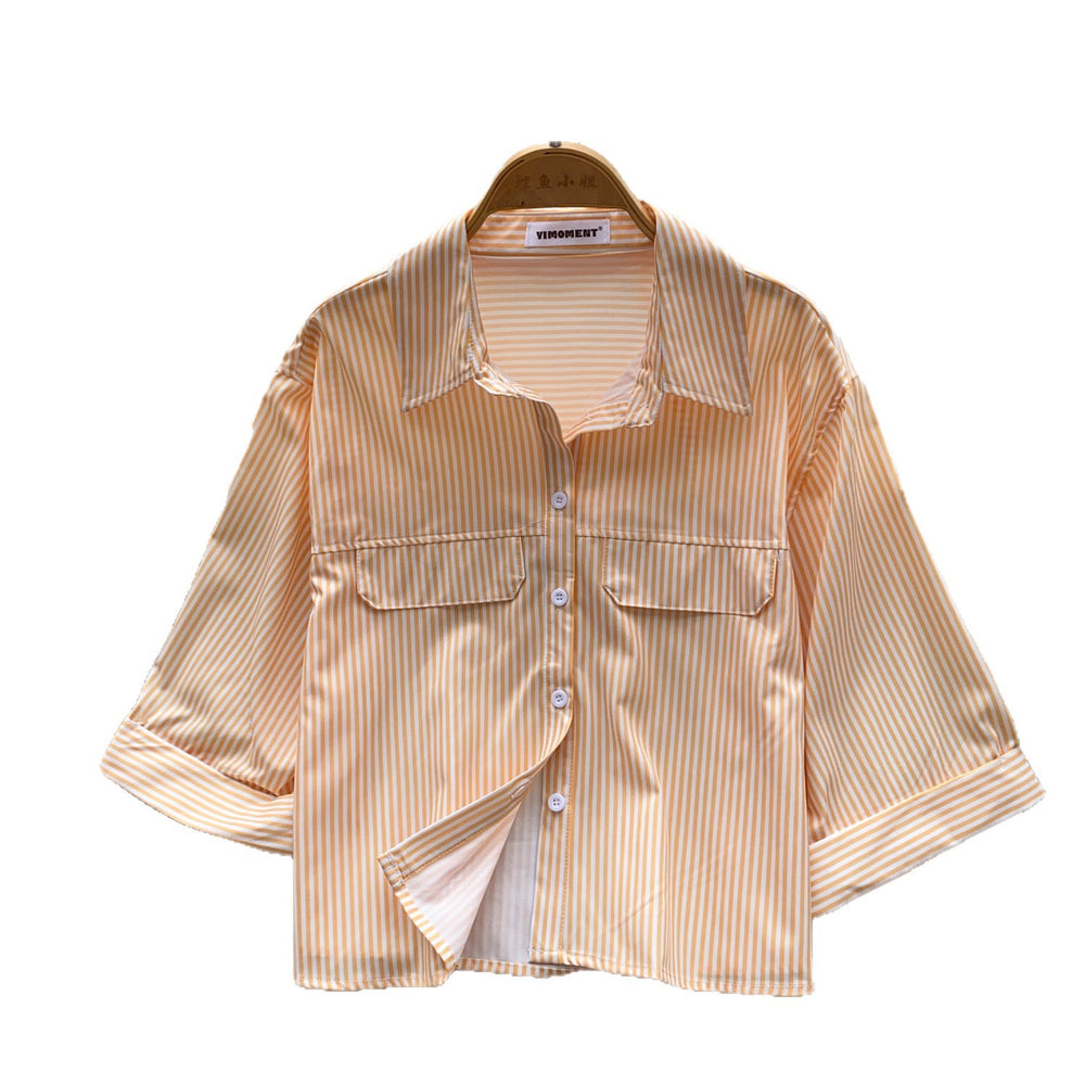 Korean style commute chic red and white striped breathable & skin-friendly shirt - women's summer short sleeve loose fit cardigan casual top