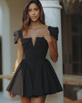Fashion cross-border women's clothing  early spring pure color flying sleeves v neck buttons waist pleated short elegantdress
