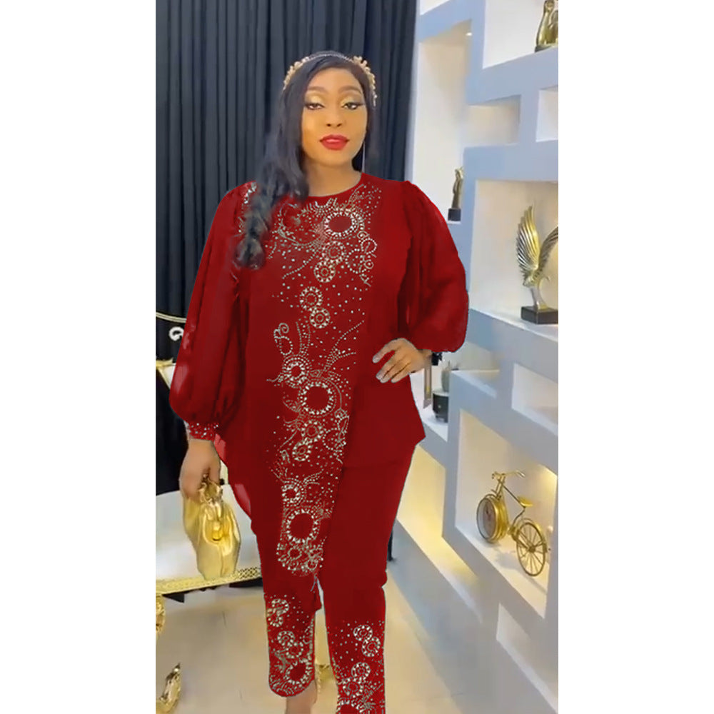 e-commerce  african women's plus size beaded and rhinestone irregular top + pants two-piece set