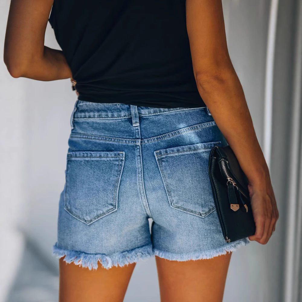 Xintang denim capital: women's distressed denim shorts,  new ins trendy capri shorts, washed denim shorts