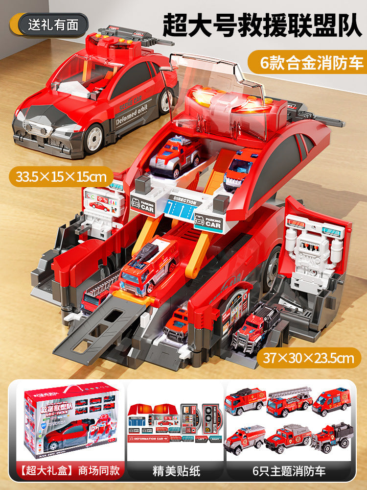 New children's fire truck transforming ejection track parking garage sound and light educational model toy car
