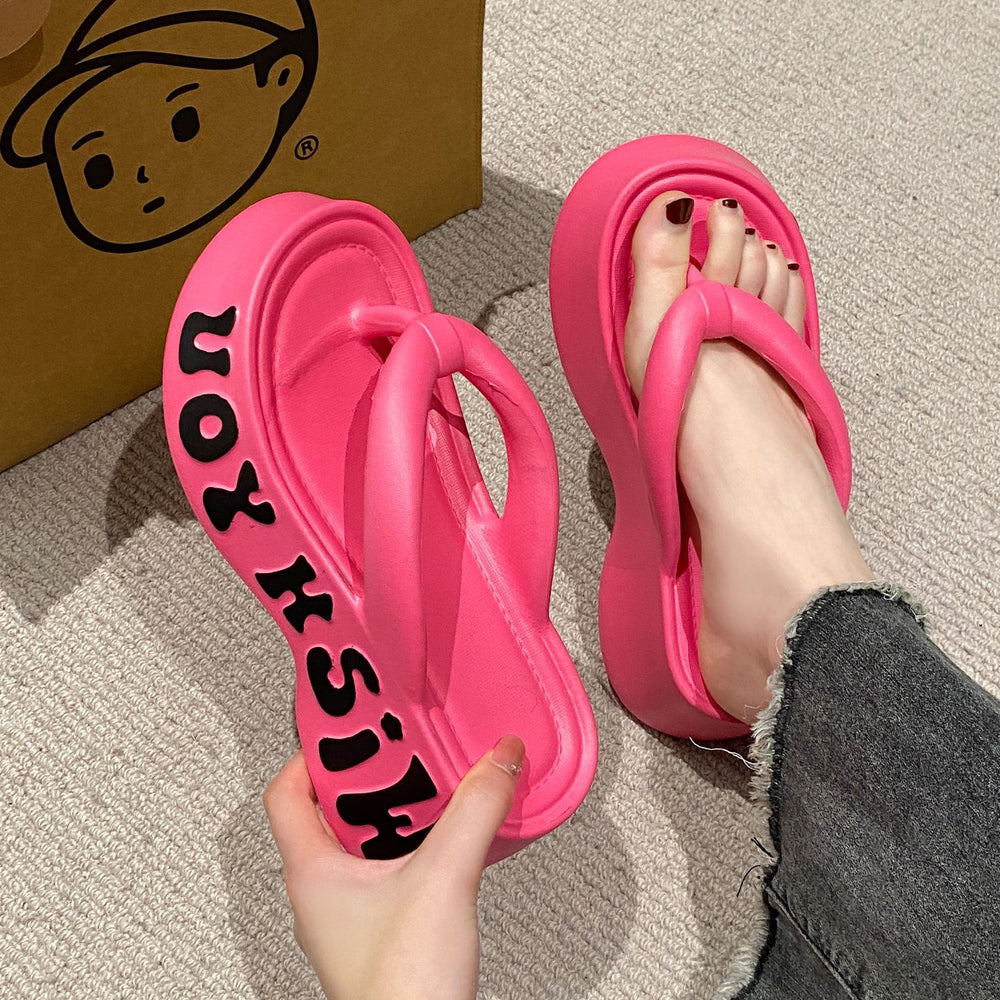 New women's platform flip-flops: summer outdoor wear, korean style, trendy home slippers, soft sole, letter eva sandals