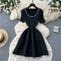 export blue knitted pleated dress for women,  summer new arrival, sequin-embellished a-line dress, versatile commute dress