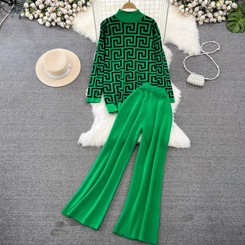 Fashionsuitk-stylelong sleeves stand collar loose jacquard knittingsweatertwo-piece sethigh waistslimming lookstraight-legloose pants