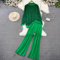 Fashionsuitk-stylelong sleeves stand collar loose jacquard knittingsweatertwo-piece sethigh waistslimming lookstraight-legloose pants