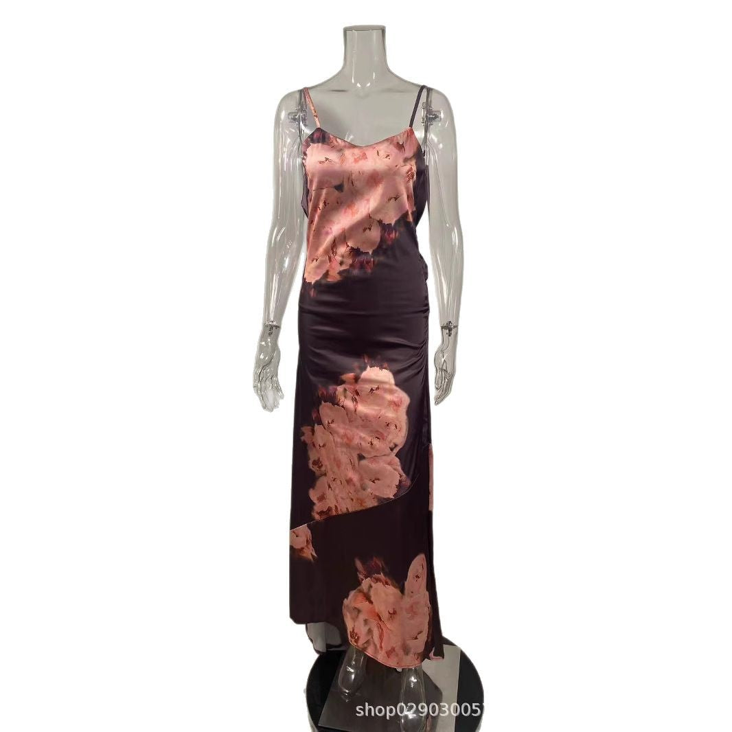 SDM143 European and American  women's clothing wholesale temperament suspender V-neck printed floor dress vacation dress wholesale