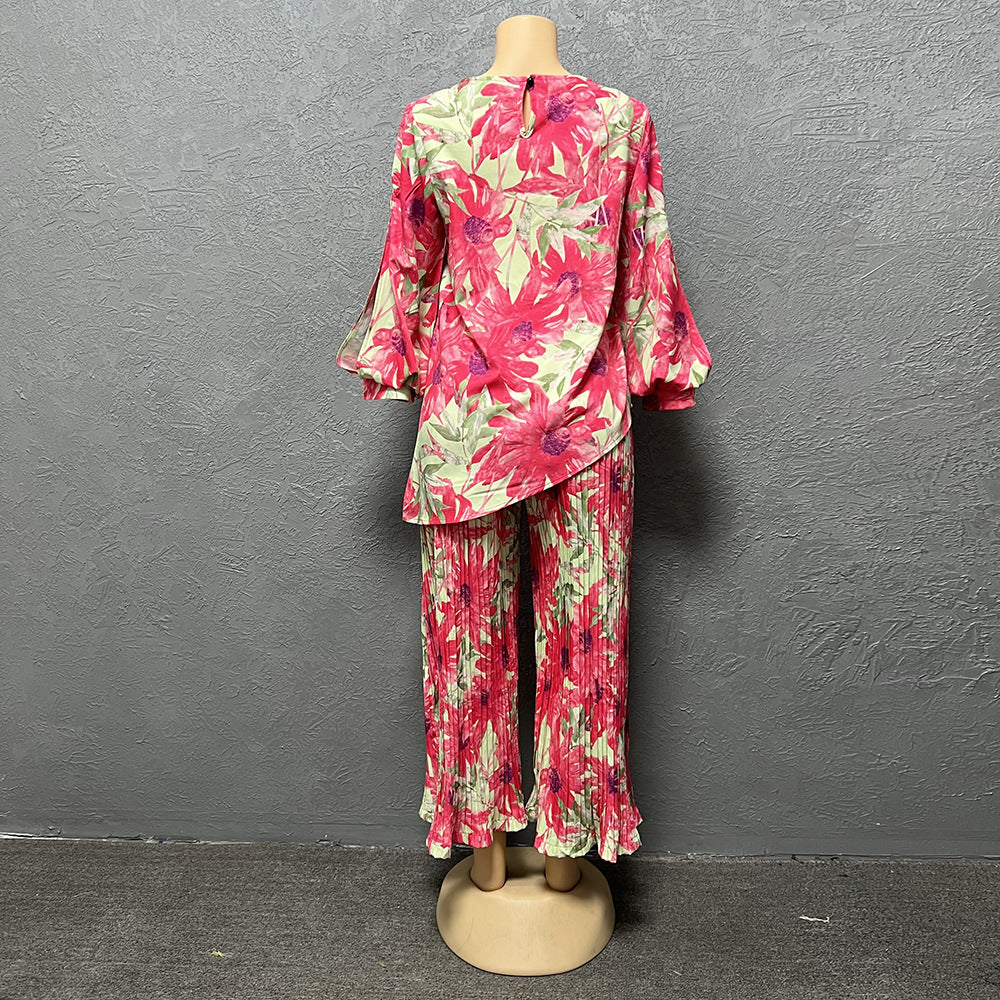 Special offer: digital print, comfortable & breathable crew neck, lantern sleeve, mid-sleeve, african fashion women's pleated pants