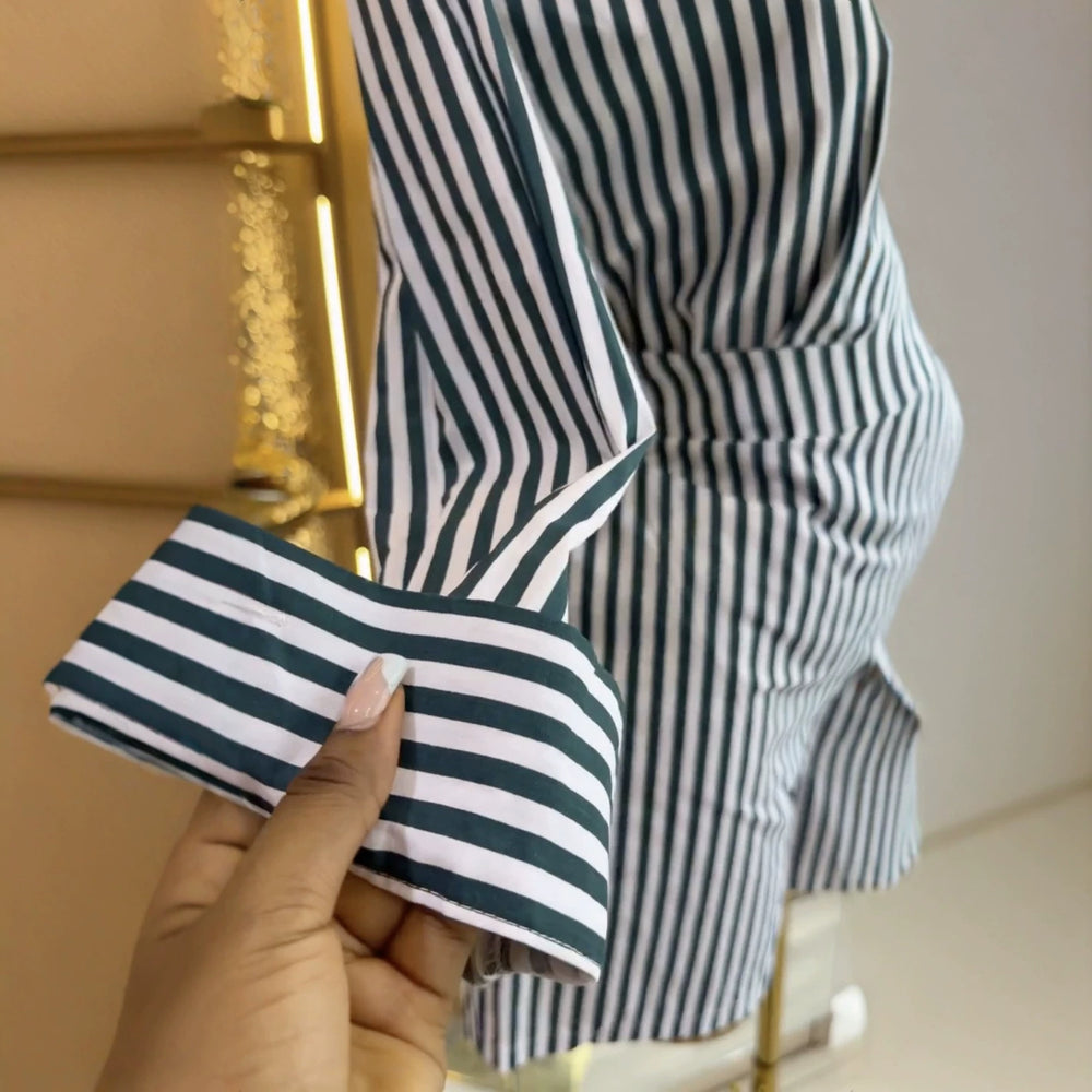 European and american style women's clothing  autumn new collection: sweet and fresh striped turn-down collar long-sleeve shirt and high-waisted straight-leg shorts two-piece set